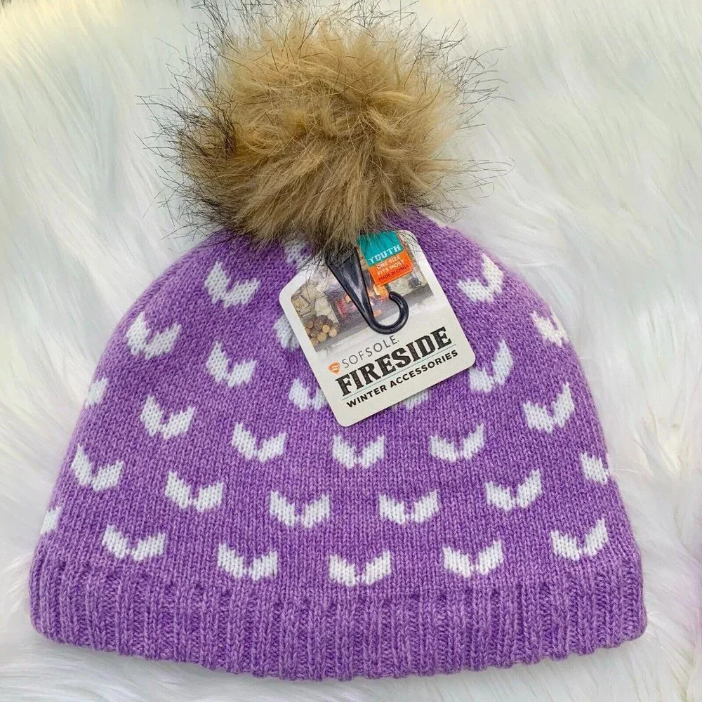 2 - NWT Sofsole Fireside Fleece lined Beanie hats Purple monster& Pom Pom Youtth - Picture 4 of 7